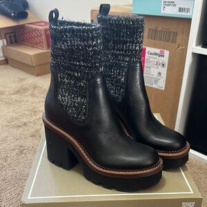 Black Leather Ankle Boots with Knit Cuff